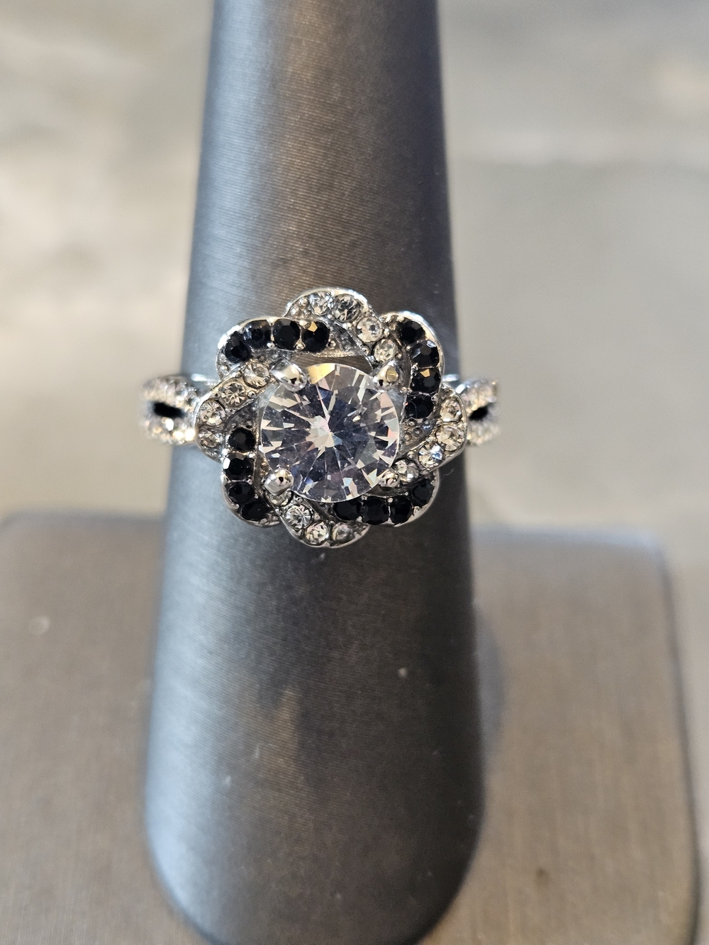 Silver-Tone Black & Clear Crystal Flower Halo Ring